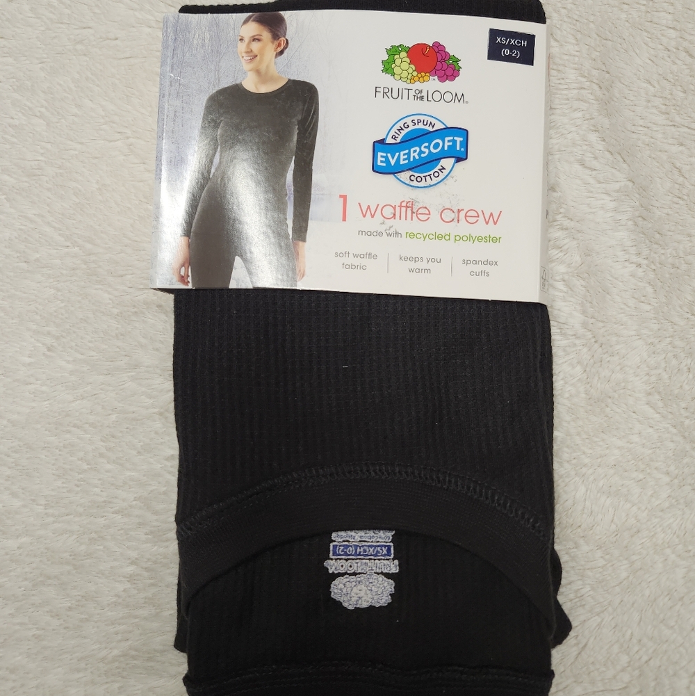 •New Fruit of the Loom Eversoft Women's XS (0-2) Thermal Waffle Crew Shirt Black